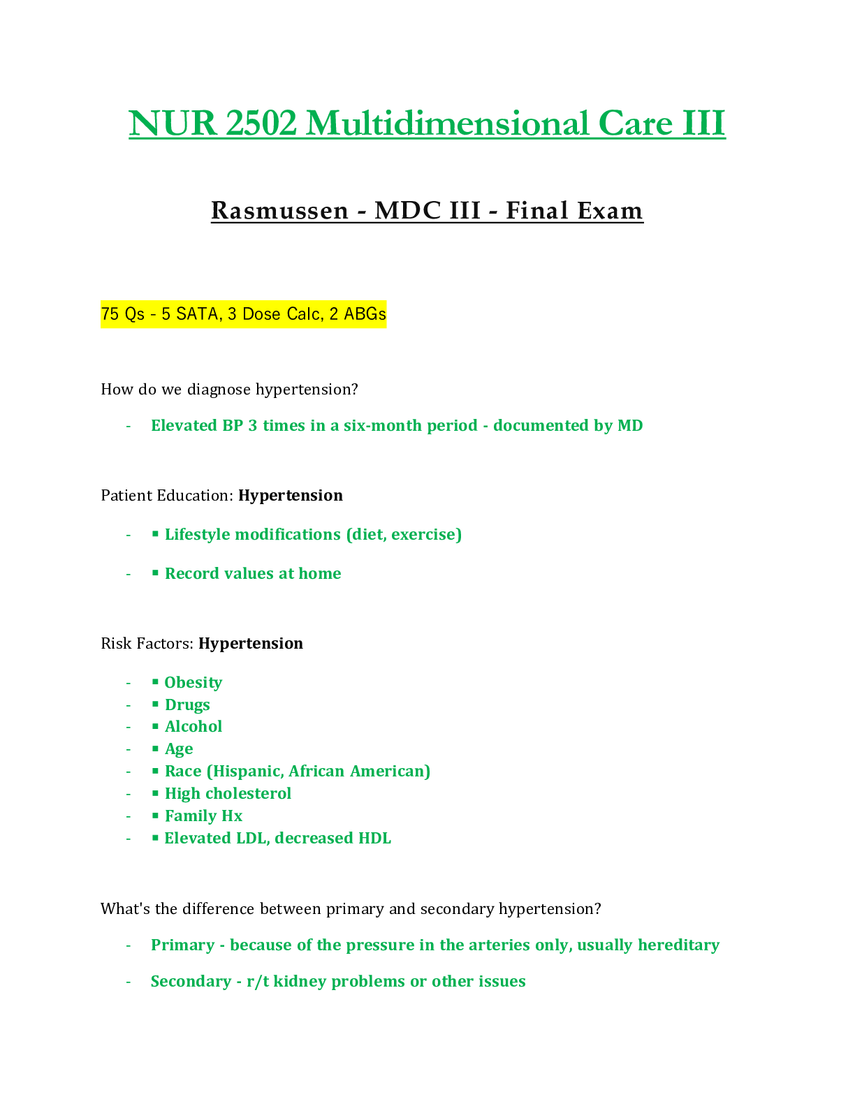 NUR 2502 / NUR2502  Multidimensional Care III Final Exam Updated:/ MDC 3 - Rasmussen